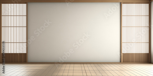 Japanese style empty room decorated with white wall and wooden slats wall, white concrete floor.