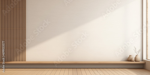 Japanese style empty room decorated with white wall and wooden slats wall, white concrete floor.