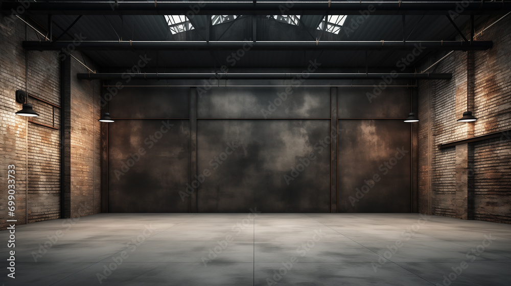 Industrial loft style empty old warehouse interior,brick wall - obrazy, fototapety, plakaty 