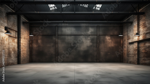 Industrial loft style empty old warehouse interior,brick wall photo