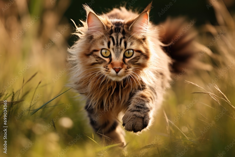 A Maine Coon cat strides through a bed of autumn leaves, its fur illuminated by soft sunlight, capturing the essence of fall