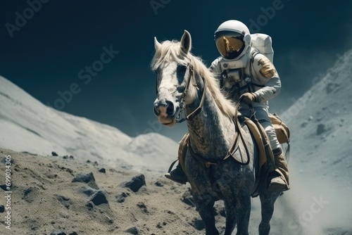 An astronaut in full space suit riding a white horse against the stark lunar landscape with Earth in the background, blending fantasy and space exploration