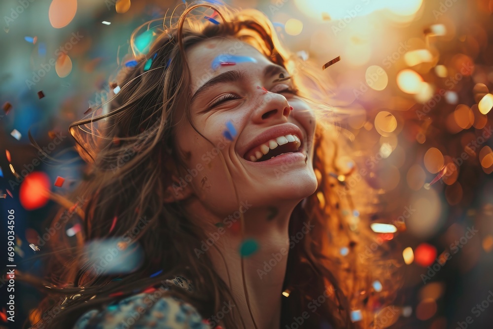 A cheerful woman with sunglasses and a hat, covered in sparkles, laughs as she is surrounded by colorful confetti, capturing the spirit of celebration - obrazy, fototapety, plakaty 