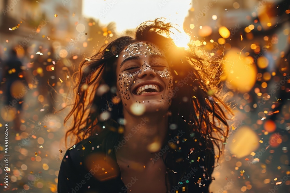 A cheerful woman with sunglasses and a hat, covered in sparkles, laughs as she is surrounded by colorful confetti, capturing the spirit of celebration A cheerful woman with sunglasses and a hat, covered in sparkles, laughs as she is surrounded by colorful confetti, capturing the spirit of celebration
