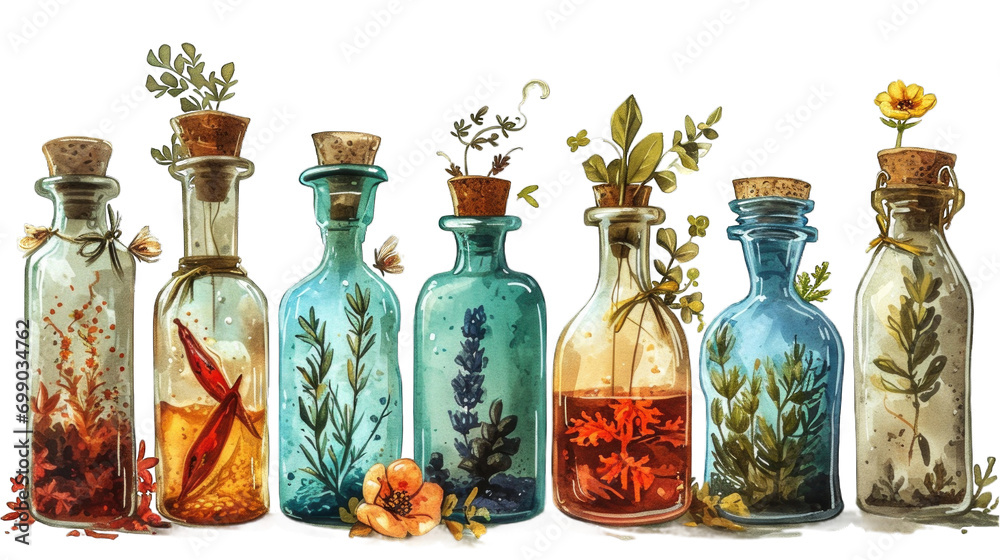 A collection of glass bottles with various potions and flowers inside, on a white background A collection of glass bottles with various potions and flowers inside, on a white background