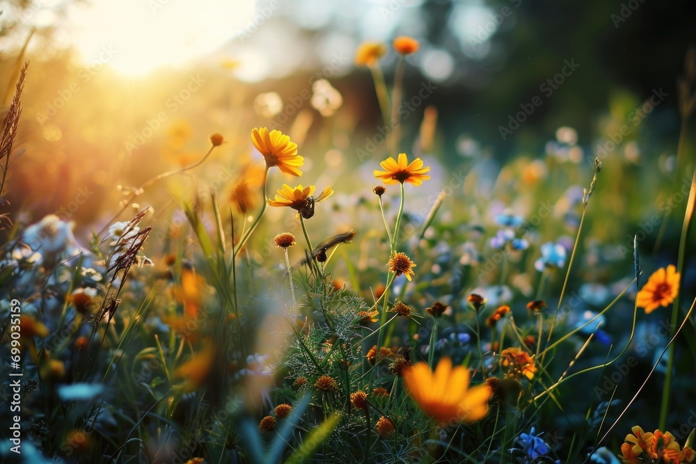 A serene meadow full of wildflowers caught in the warm, golden light of the setting sun, evoking a sense of peace and natural splendor