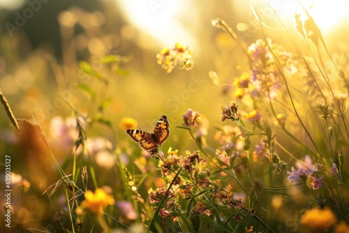 A serene meadow full of wildflowers caught in the warm, golden light of the setting sun, evoking a sense of peace and natural splendor © ChaoticMind
