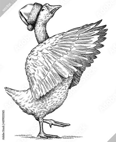 Vintage engraving isolated duck set dressed christmas illustration goose ink santa costume sketch. Farm bird background silhouette geese new year hat art. Black and white hand drawn vector image