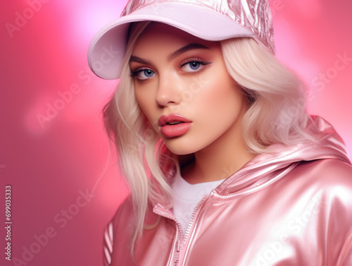 A stylish woman in a glossy pink jacket and cap against a vibrant pink backdrop.