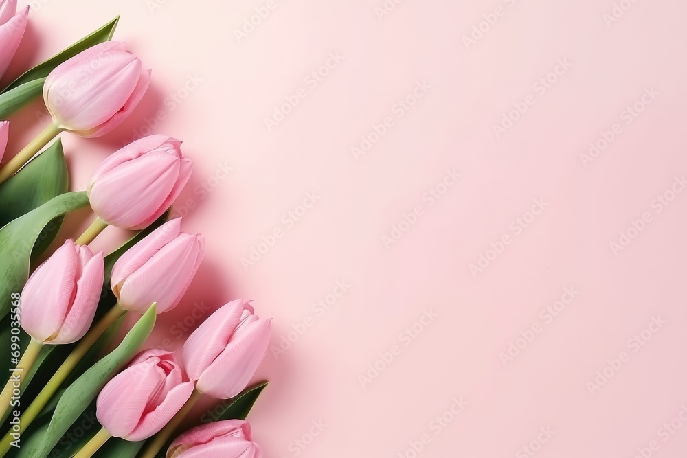 A flat lay composition of pink tulips arranged on a soft pink backdrop background A flat lay composition of pink tulips arranged on a soft pink backdrop background