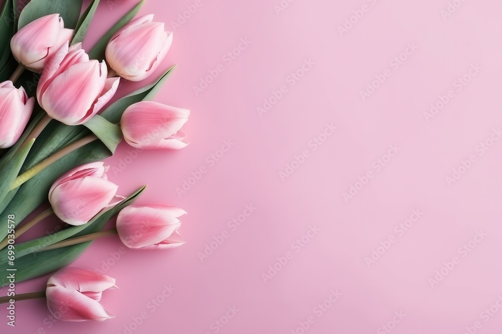 A flat lay composition of pink tulips arranged on a soft pink backdrop background