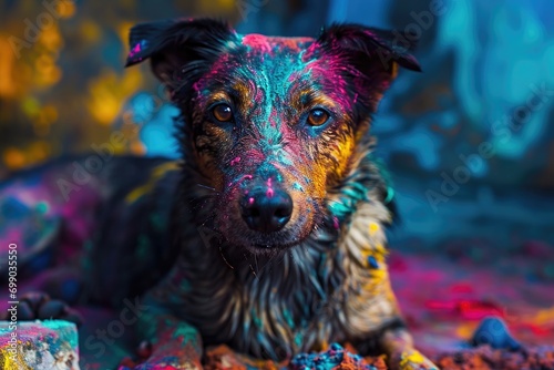 A dog's portrait covered in vibrant, multicolored paint splatters, giving a whimsical and artistic expression to the animal's curiosity