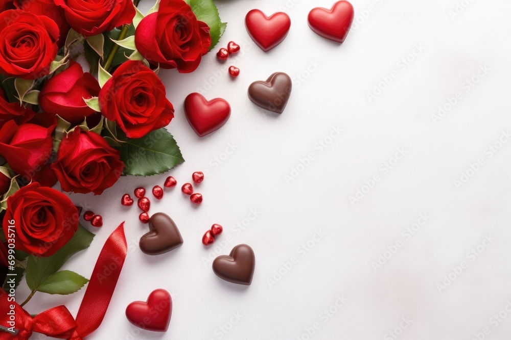 A luxurious flat lay arrangement of vivid red roses and glittering hearts on a solid color background for Valentines day A luxurious flat lay arrangement of vivid red roses and glittering hearts on a solid color background for Valentines day