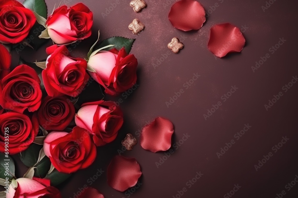 A luxurious flat lay arrangement of vivid red roses and glittering hearts on a solid color background for Valentines day A luxurious flat lay arrangement of vivid red roses and glittering hearts on a solid color background for Valentines day