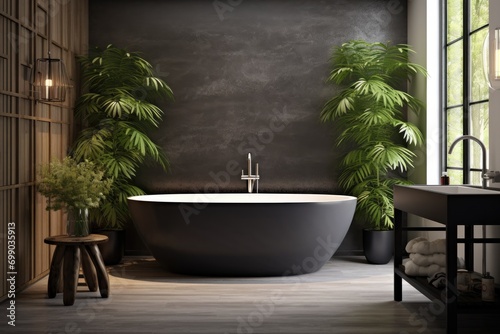 A contemporary bathroom design featuring a black freestanding bathtub, marble walls, and lush greenery by a large window, epitomizing modern luxury