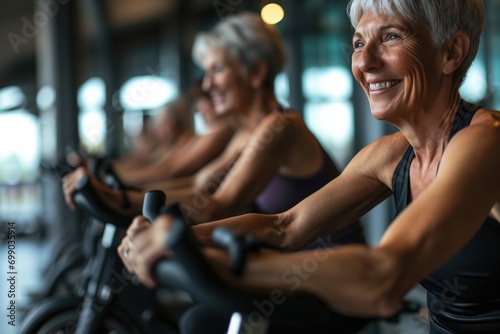 Active senior women with joyful expressions exercising on stationary bikes in a fitness center photo