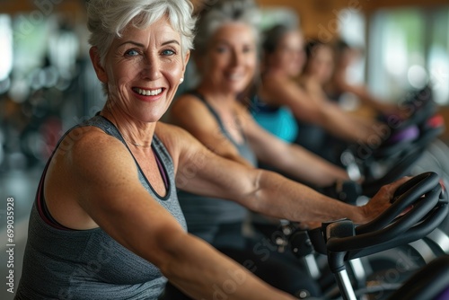 Active senior women with joyful expressions exercising on stationary bikes in a fitness center © ChaoticMind