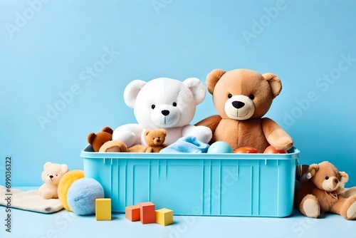 Toy box full of baby kid toys. Container with teddy bear, fluffy and educational wooden toys on light blue background. Cute toys collection for small children. Front view © Ateeq