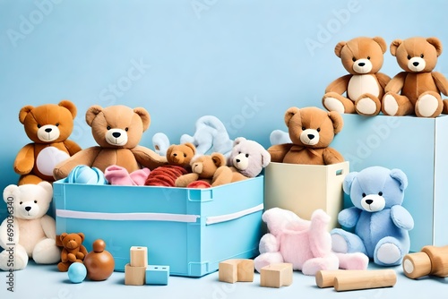 Toy box full of baby kid toys. Container with teddy bear, fluffy and educational wooden toys on light blue background. Cute toys collection for small children. Front view © Ateeq