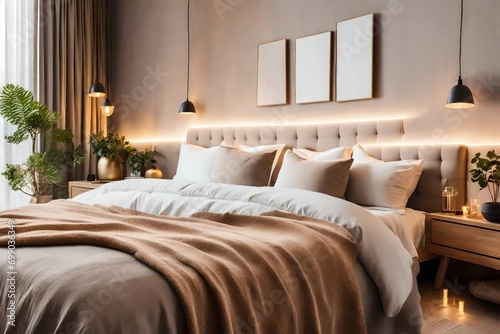 Modern house interior details. Simple cozy beige bedroom interior with bed headboard, linen bedding, bedside table and natural decorations, closeup © Ateeq
