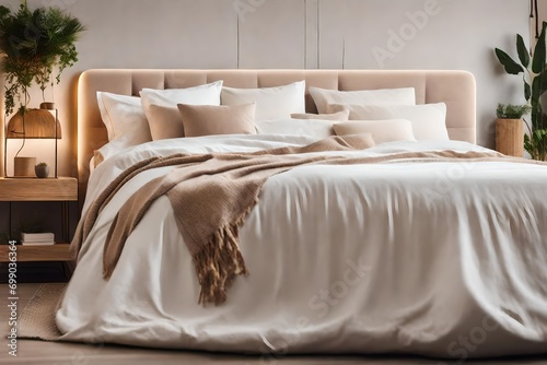 Modern house interior details. Simple cozy beige bedroom interior with bed headboard, linen bedding, bedside table and natural decorations, closeup