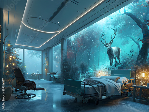 Modern Futuristic Hospital Room with Snowy Forest View - Serene Healthcare Facility Interior with Natural Light and Quiet Atmosphere - Concept of Tranquility, Recovery, and Innovative Medical Design