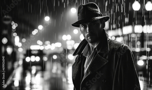 Mysterious man in trench coat and fedora standing under the rain at night, evoking noir film aesthetics photo