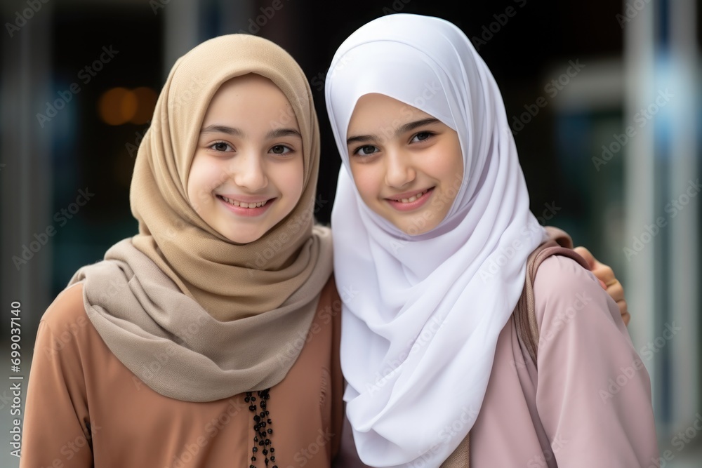 two a beautiful school young Muslim girls in hijab