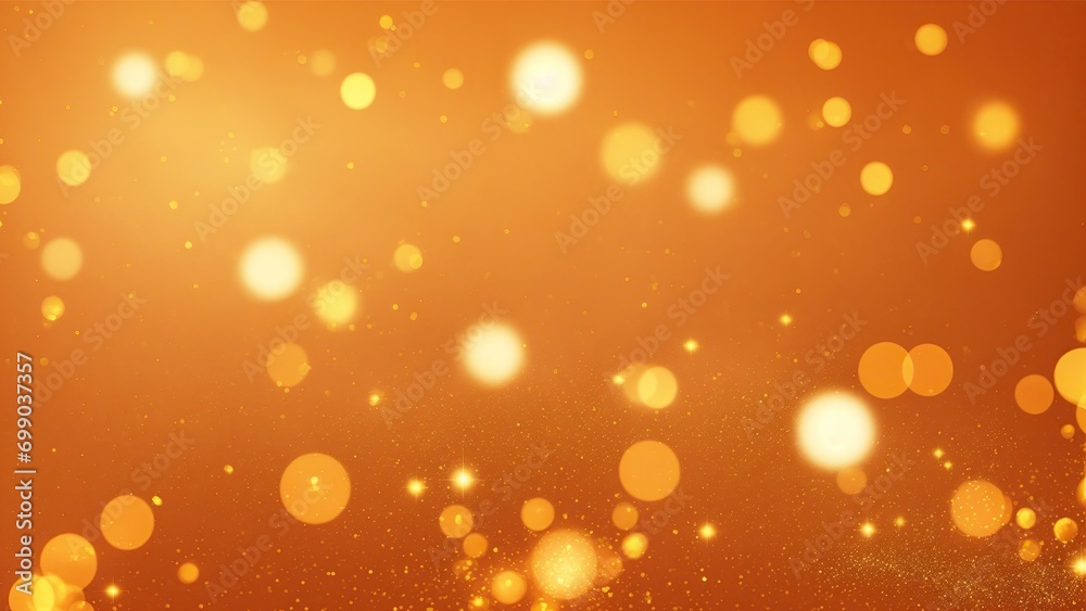 Orange background with golden sparkling particles and bokeh lights. background with gold foil texture Orange background with golden sparkling particles and bokeh lights. background with gold foil texture