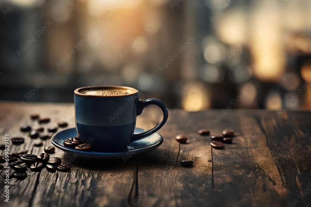 blue ceramic coffee cup on wooden counter , coffee beans and steam , cosy and elegant blurry background blue ceramic coffee cup on wooden counter , coffee beans and steam , cosy and elegant blurry background