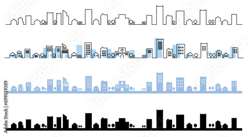 シンプルな街並みのシルエットイラストのセット　背景イラスト　線画