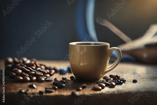 beige and blue textured ceramic mug   morning coffee   smooth blurry background