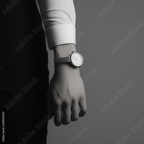 a man with wristwatch minimalist on dark background, generative ai