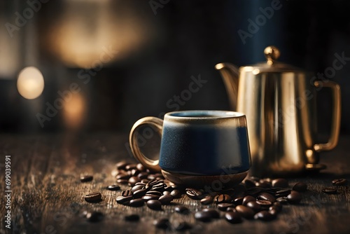 blue ceramic coffee cup on wooden counter   coffee beans and steam   cosy and elegant