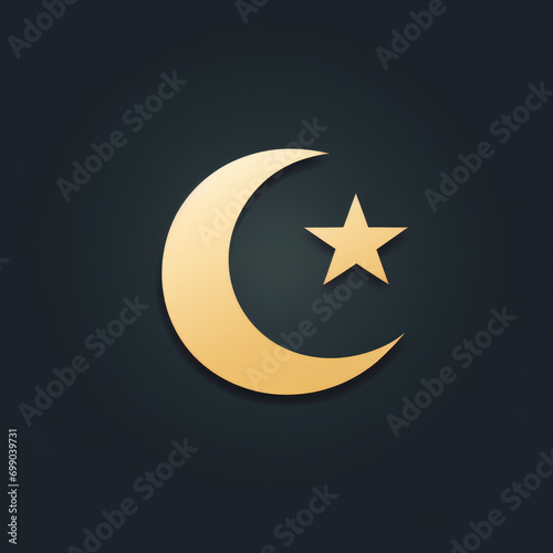 A minimalist design featuring a crescent moon and star in gold against a dark background.