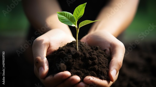 Hands holding soil and plants on black background. Young plant in hand, Ecology concept, showing growth concept.