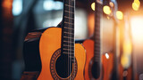 Classical guitar close up, dramatically lit on a black background with copy space