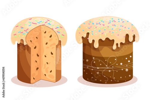 Easter cake set. Cakes with icing, whole and sliced. Easter icons, decor elements, vector