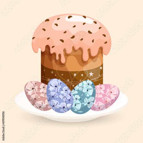 Easter cake with icing  and Easter eggs. Easter illustration, vector