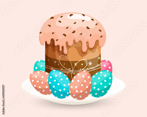 Easter cake with icing  and Easter eggs. Easter illustration, vector
