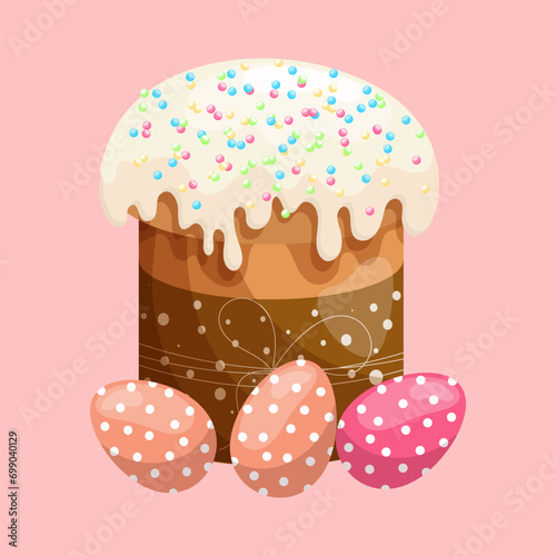 Easter cake with icing  and Easter eggs. Easter illustration, vector