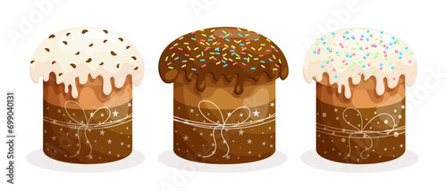 Easter cake set. Easter cakes with icing decorated with confectionery sweets. Easter icons, decor elements, vector
