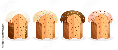 Easter cake set. Cakes with icing, whole and sliced. Easter icons, decor elements, vector