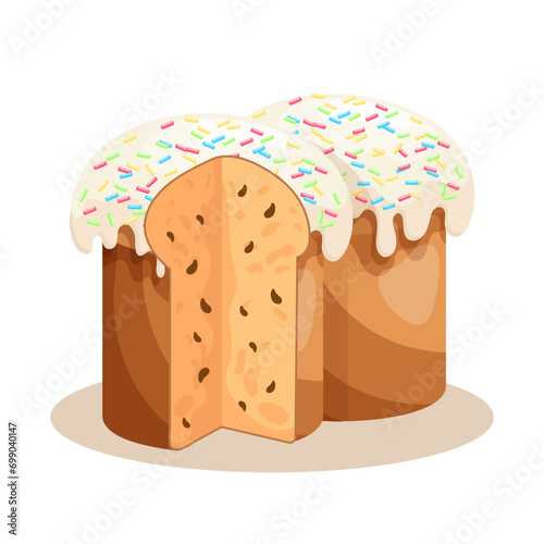 Easter cake set. Cakes with icing, whole and sliced. Easter icons, decor elements, vector