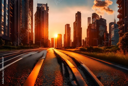 Asphalt road under sunset, an urban cityscape with the sun setting behind skyscrapers, the road bustling with activity, car lights starting to illuminate the scene, a juxtaposition of nature and urban