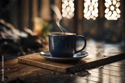 steamy hot coffee  in a ceramic cup , strong bokeh background , coffe advertising template photo