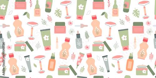Skin care cosmetics seamless pattern. Facial roller, serum, cleanser, moisturizer, toner, essence. Beauty routine procedure. Anti-age. Bottles, jars, tubes, ampoules. Background, digital paper.