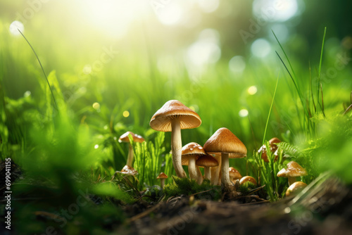 A cluster of mushrooms bathed in sunlight, nestled in vibrant green grass, capturing the essence of the forest floor