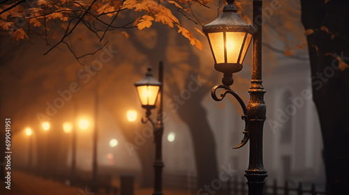 The light of lanterns on the road strewn with fallen leaves in the fog