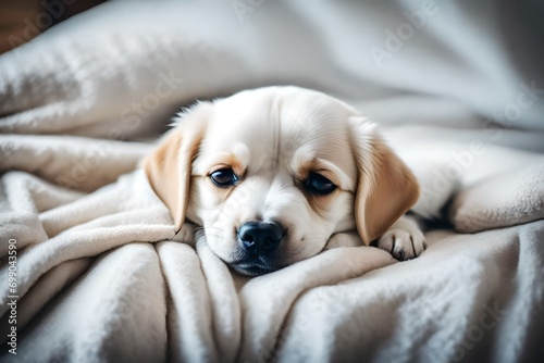 Small white puppy sleeping on bed covered with a blanket. Puppy relaxing on bed at home
